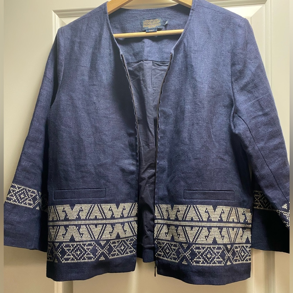 PENDLETON LINEN EMBROIDERED FULL ZIP BOXY BLAZER M - Picture 5 of 9